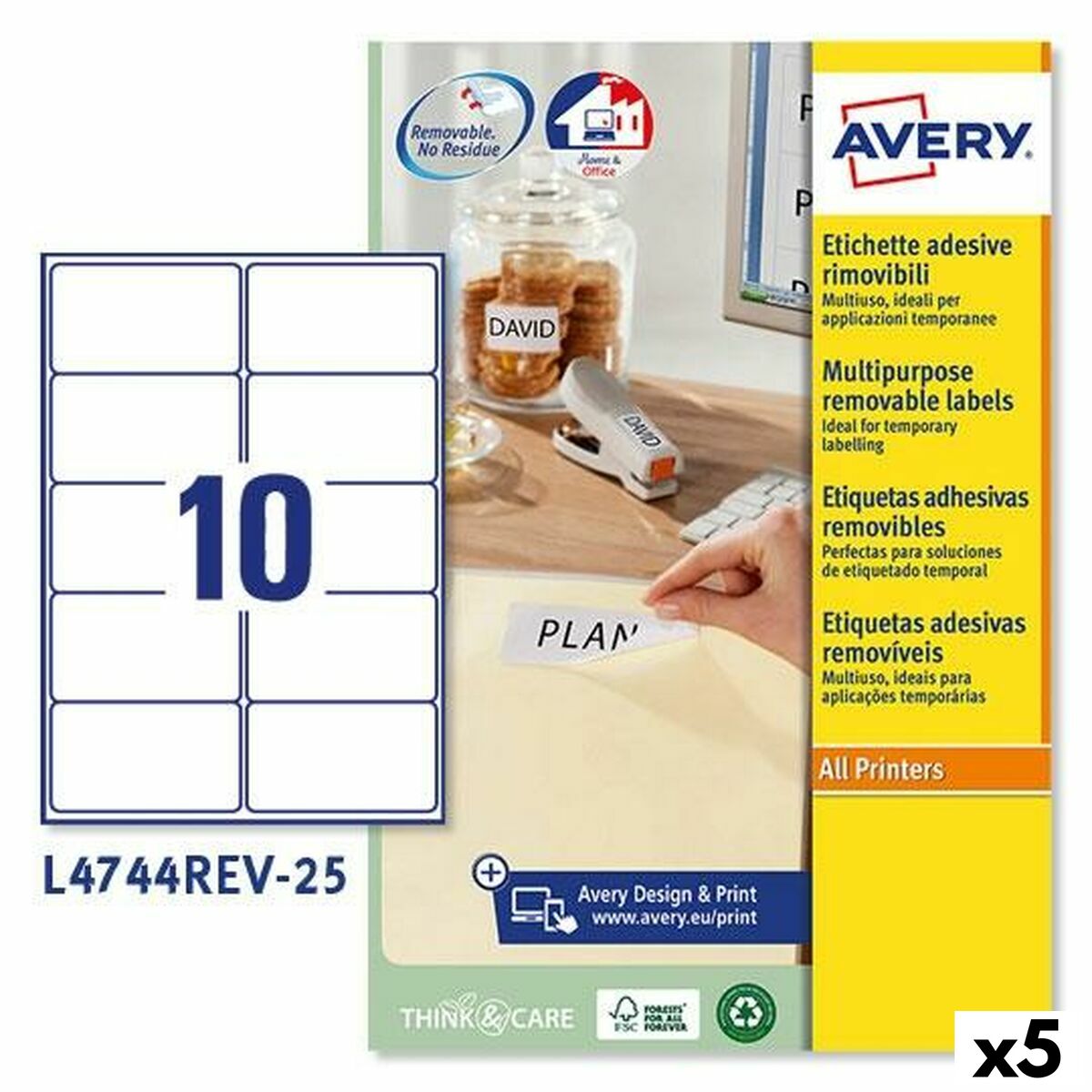 Drucker-Etiketten Avery L4744REV Weiß 25 Bettlaken 96 x 50,8 mm (5 Stück)