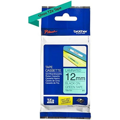 Ruban Laminé pour Etiqueteuses Brother TZE-731 Noir/Vert 12 mm