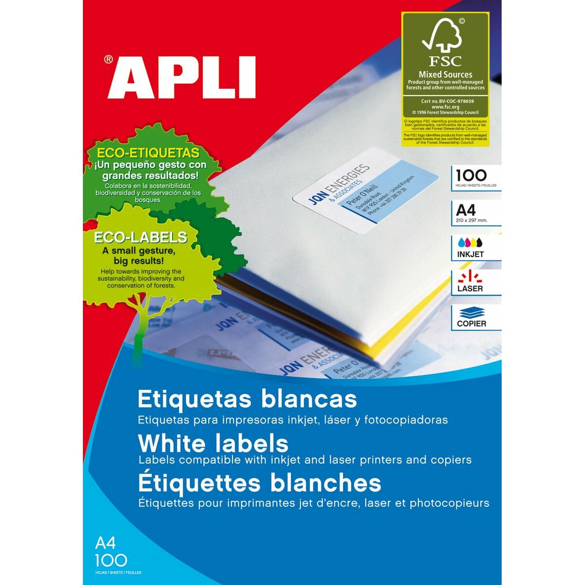 Étiquettes adhésives Apli 581294 70 x 16,9 mm 100 Volets Blanc