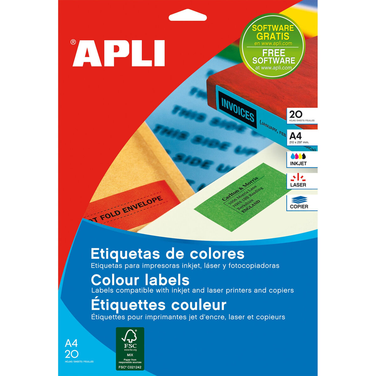 Drucker-Etiketten Apli Gelb 20 Bettlaken 210 x 297 mm