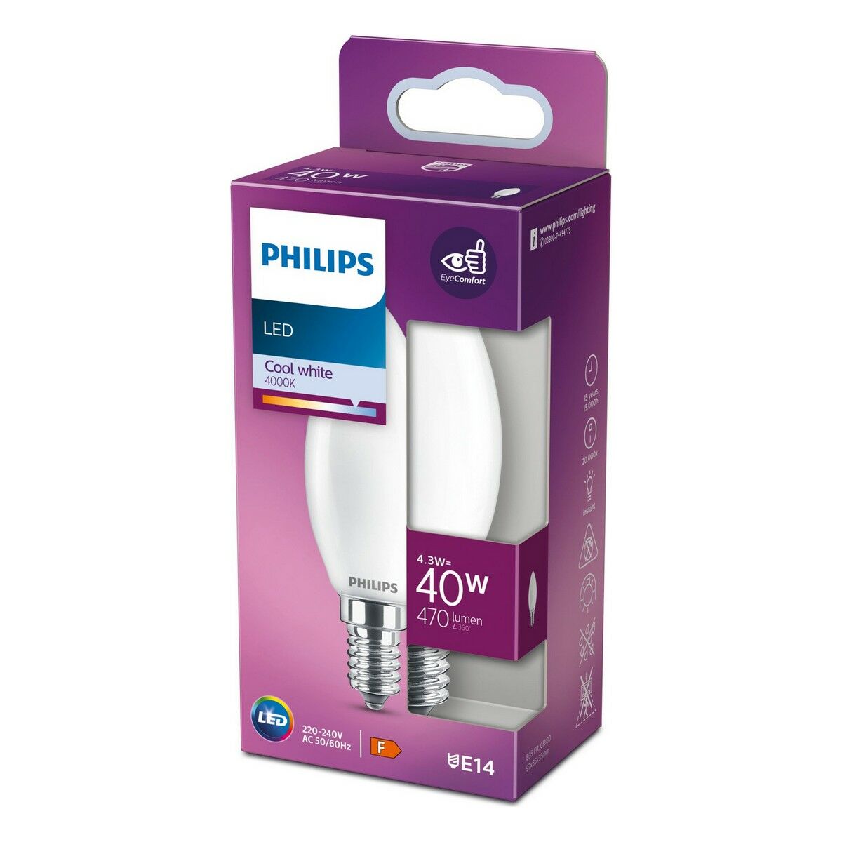 LED-Lampe Philips Kerze Weiß F 40 W 4,3 W E14 470 lm 3,5 x 9,7 cm (4000 K)