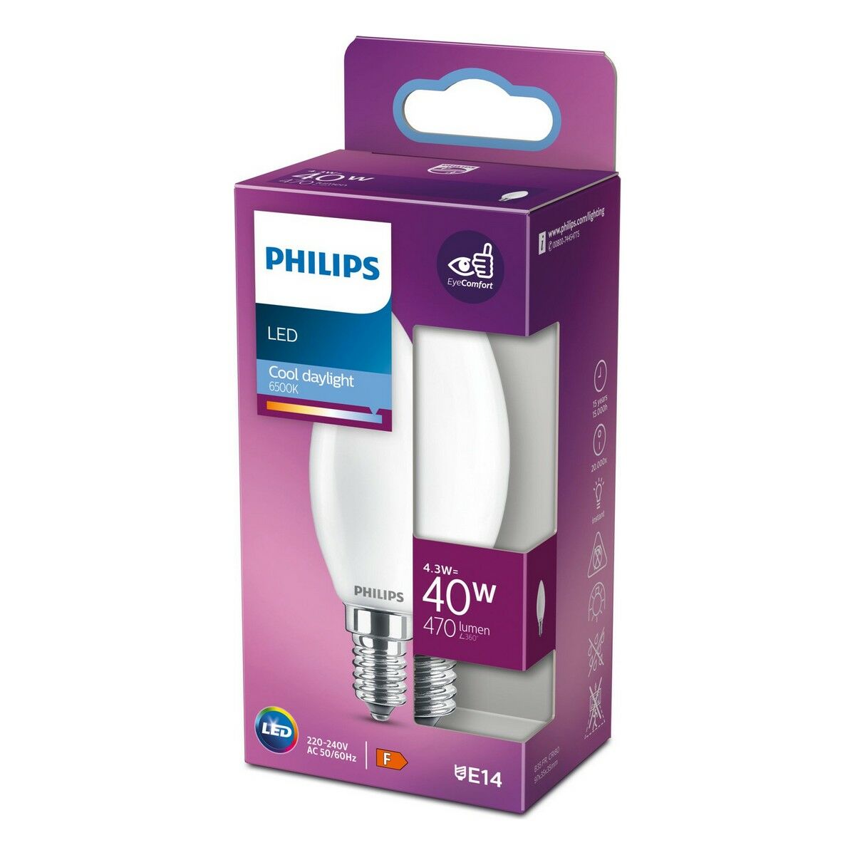 Lampe LED Philips Bougie Blanc F 40 W 4,3 W E14 470 lm 3,5 x 9,7 cm (6500 K)