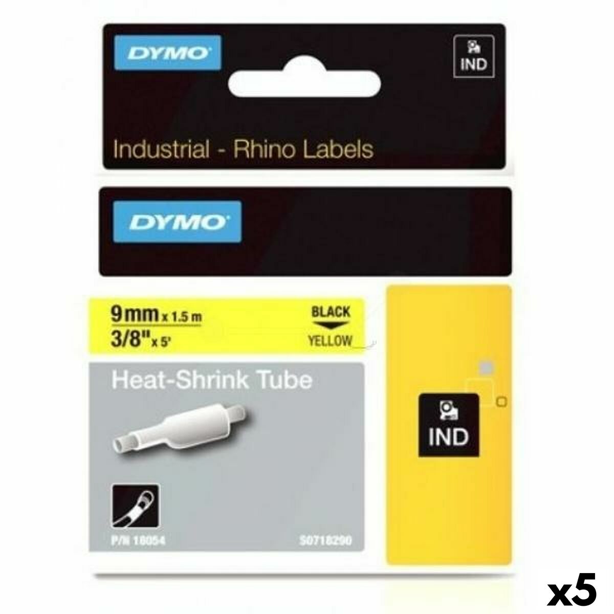 Laminiertes Klebeband zur Kennzeichnung von Maschinen Rhino Dymo ID1-9 Gelb Schwarz 9 x 1,5 mm (5 Stück)