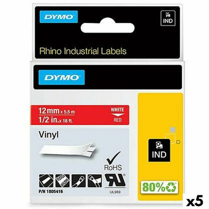 Laminiertes Klebeband zur Kennzeichnung von Maschinen Rhino Dymo ID1-12 12 x 5,5 mm Rot Weiß Vinyl Selbstklebend (5 Stück)