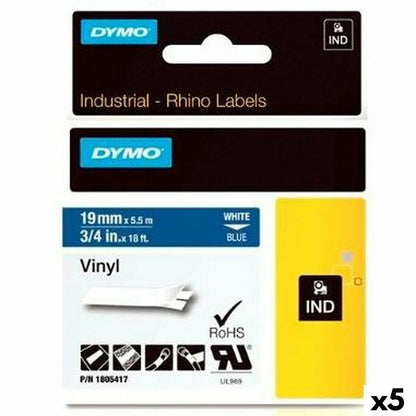 Ruban Laminé pour Etiqueteuses Dymo Rhino 19 mm x 5,5 m Bleu Blanc Autocollants (5 Unités)