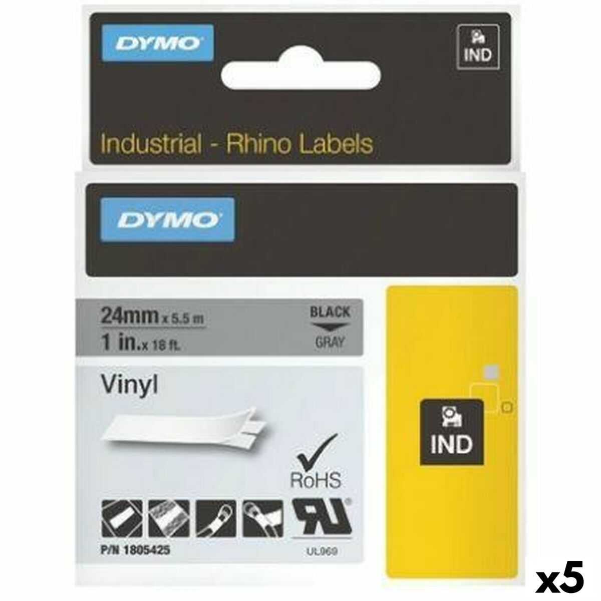 Ruban Laminé pour Etiqueteuses Rhino Dymo ID1-12 12 x 5,5 mm Noir Blanc Autocollants (5 Unités)