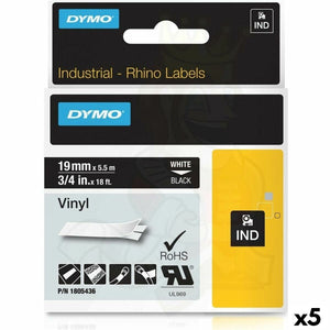 Laminiertes Klebeband zur Kennzeichnung von Maschinen Rhino Dymo ID1-19 19 x 5,5 mm Schwarz Polyester Weiß Selbstklebend (5 Stüc