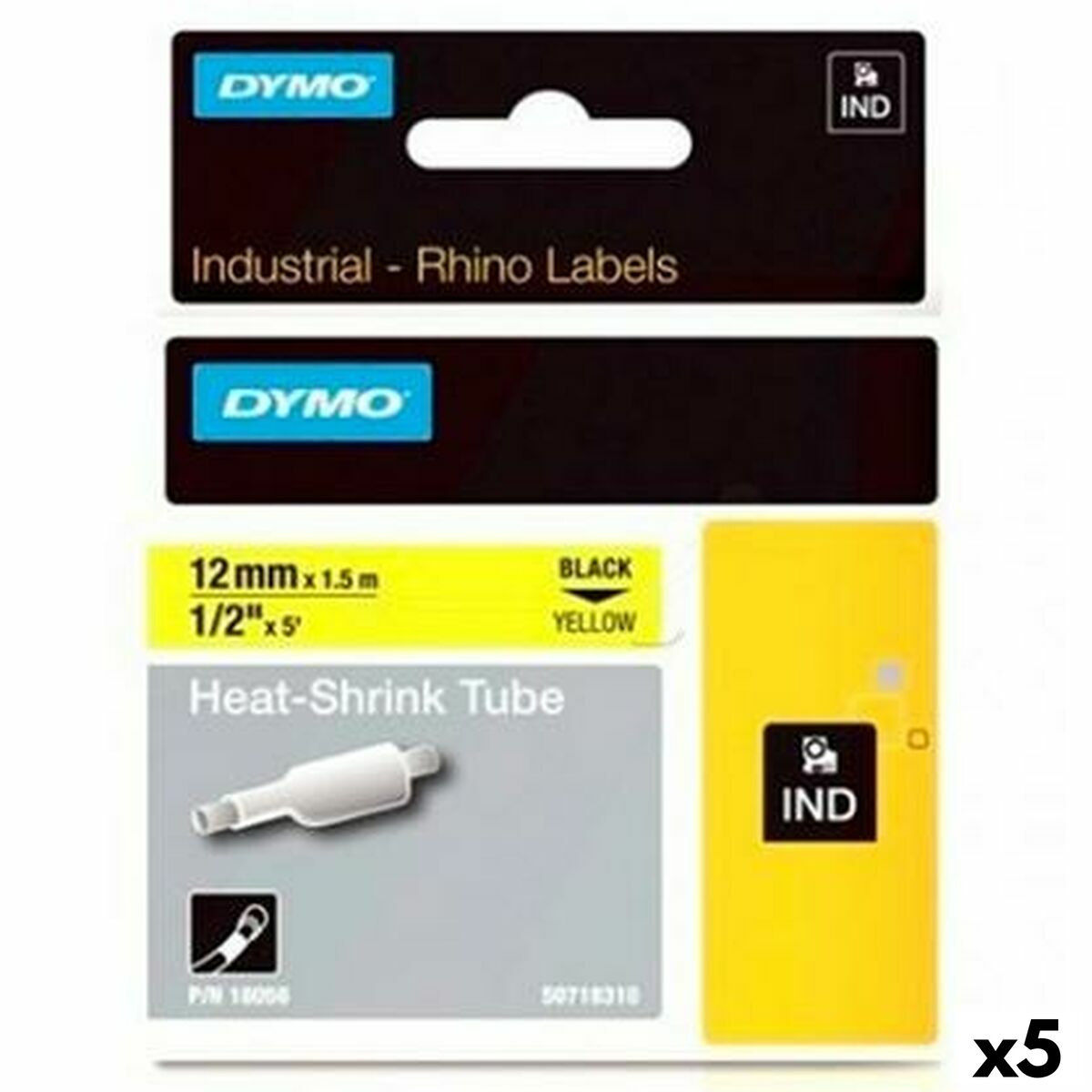 Ruban Laminé pour Etiqueteuses Rhino Dymo ID1-12 Jaune Noir 12 x 1,5 mm (5 Unités)