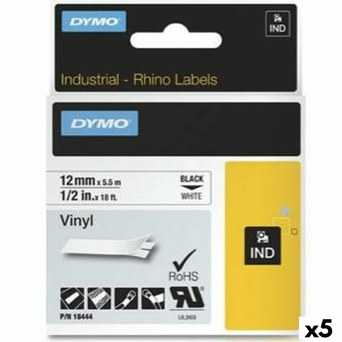 Laminiertes Klebeband zur Kennzeichnung von Maschinen Rhino Dymo ID1-12 12 x 5,5 mm Schwarz Weiß Vinyl Selbstklebend (5 Stück)