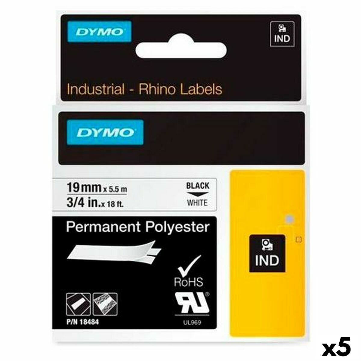 Laminiertes Klebeband zur Kennzeichnung von Maschinen Rhino Dymo ID1-19 19 x 5,5 mm Schwarz Polyester Weiß Selbstklebend (5 Stüc