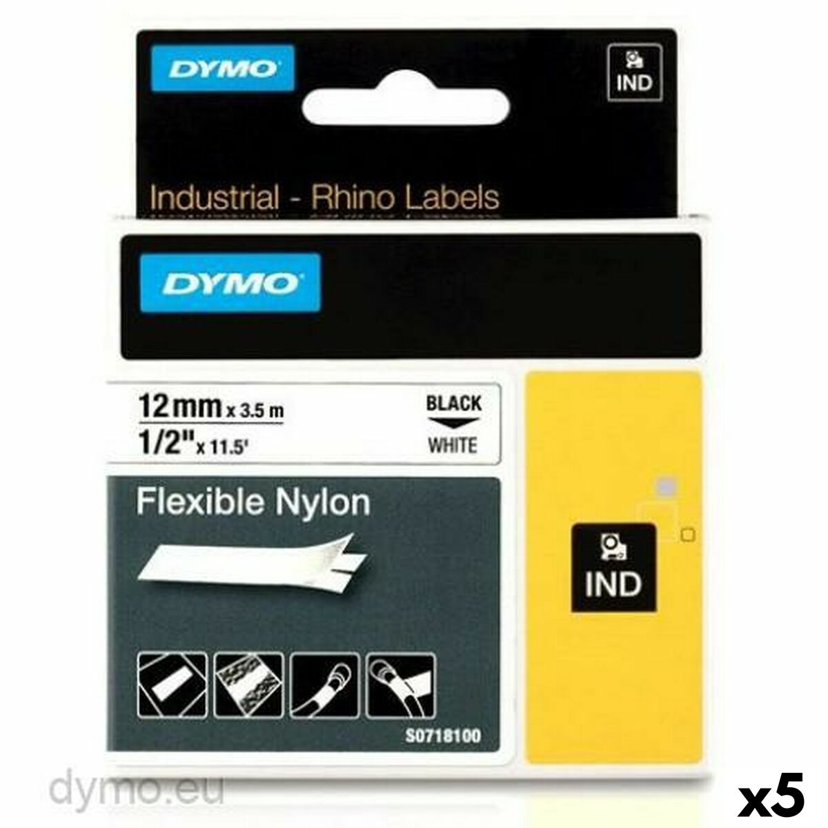 Ruban Laminé pour Etiqueteuses Rhino Dymo ID1-12 12 x 3,5 mm Noir Blanc Autocollants (5 Unités)